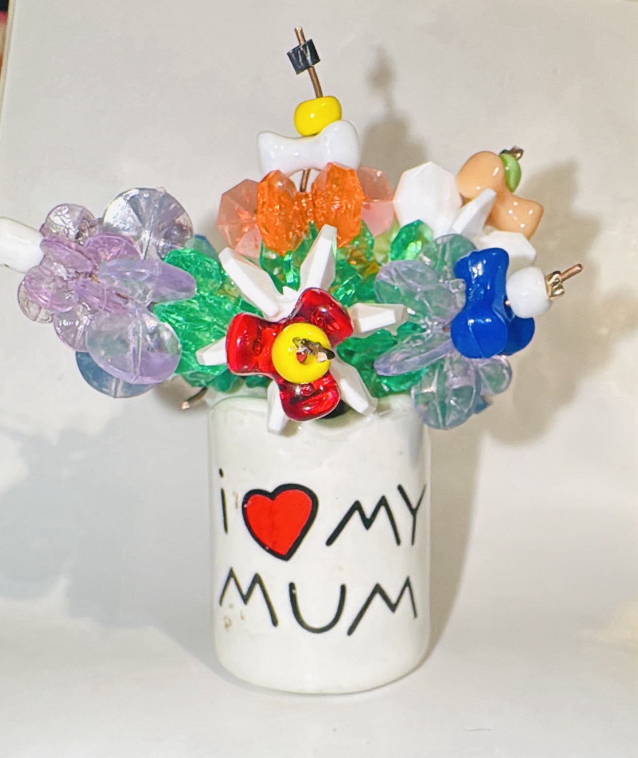 OOAK Mini Beaded Flower Bouquet In Ceramic Jar “I LOVE MY MUM” Mothers Day Gift