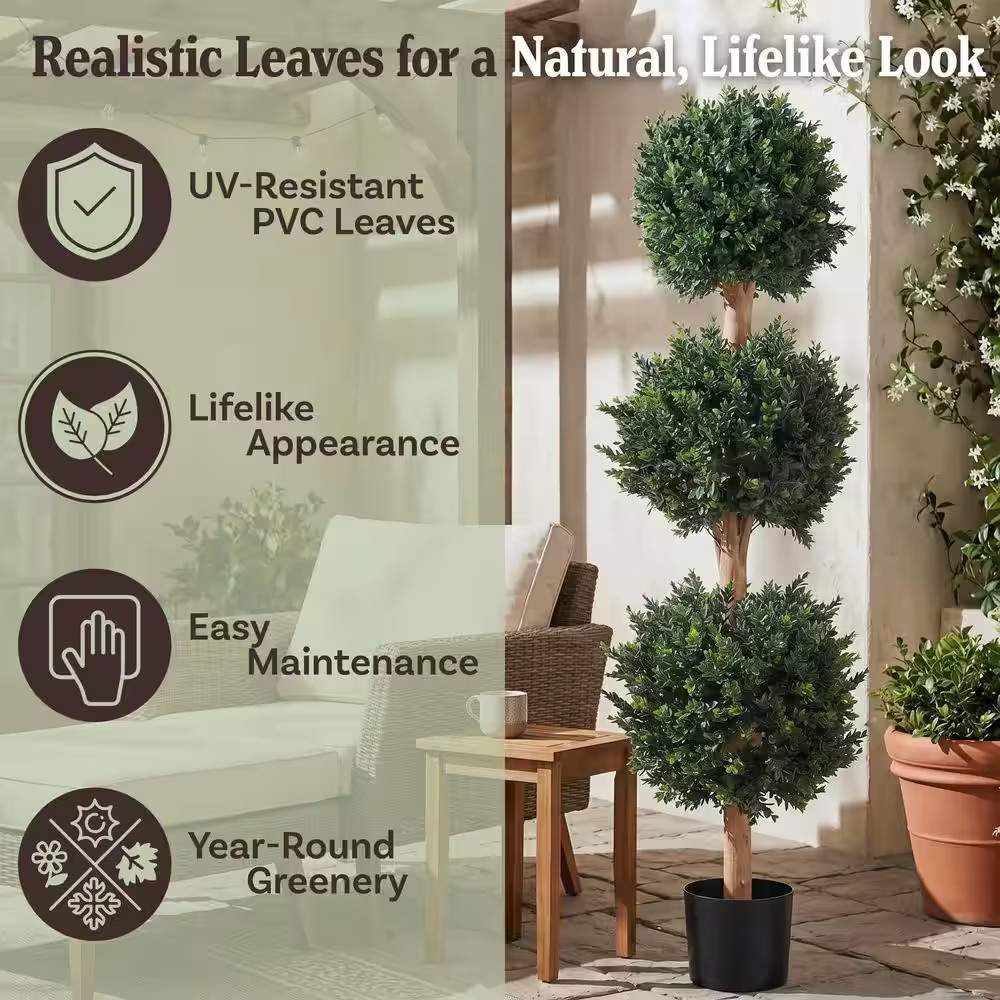 5 Ft. Artificial Hedyotis Triple Ball Topiary Tree