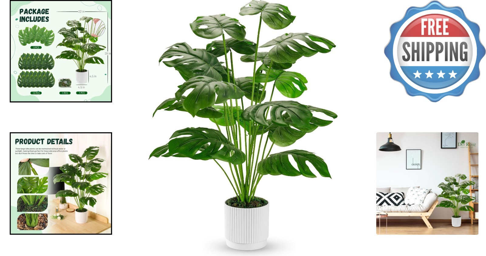 28″ Large Faux Monstera Plant in White Pot – Luxurious Indoor/Outdoor Decor