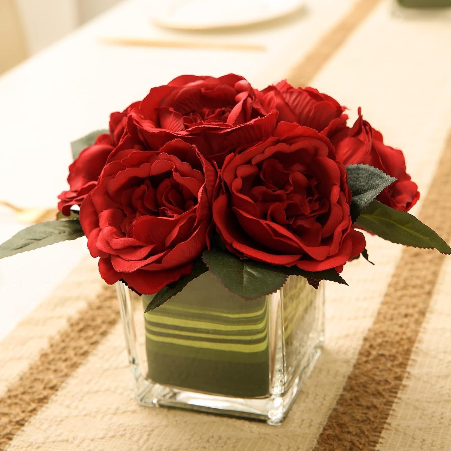 Artificial Peony Silk Flower Centerpieces Faux Floral Arrangement in Glass Vase