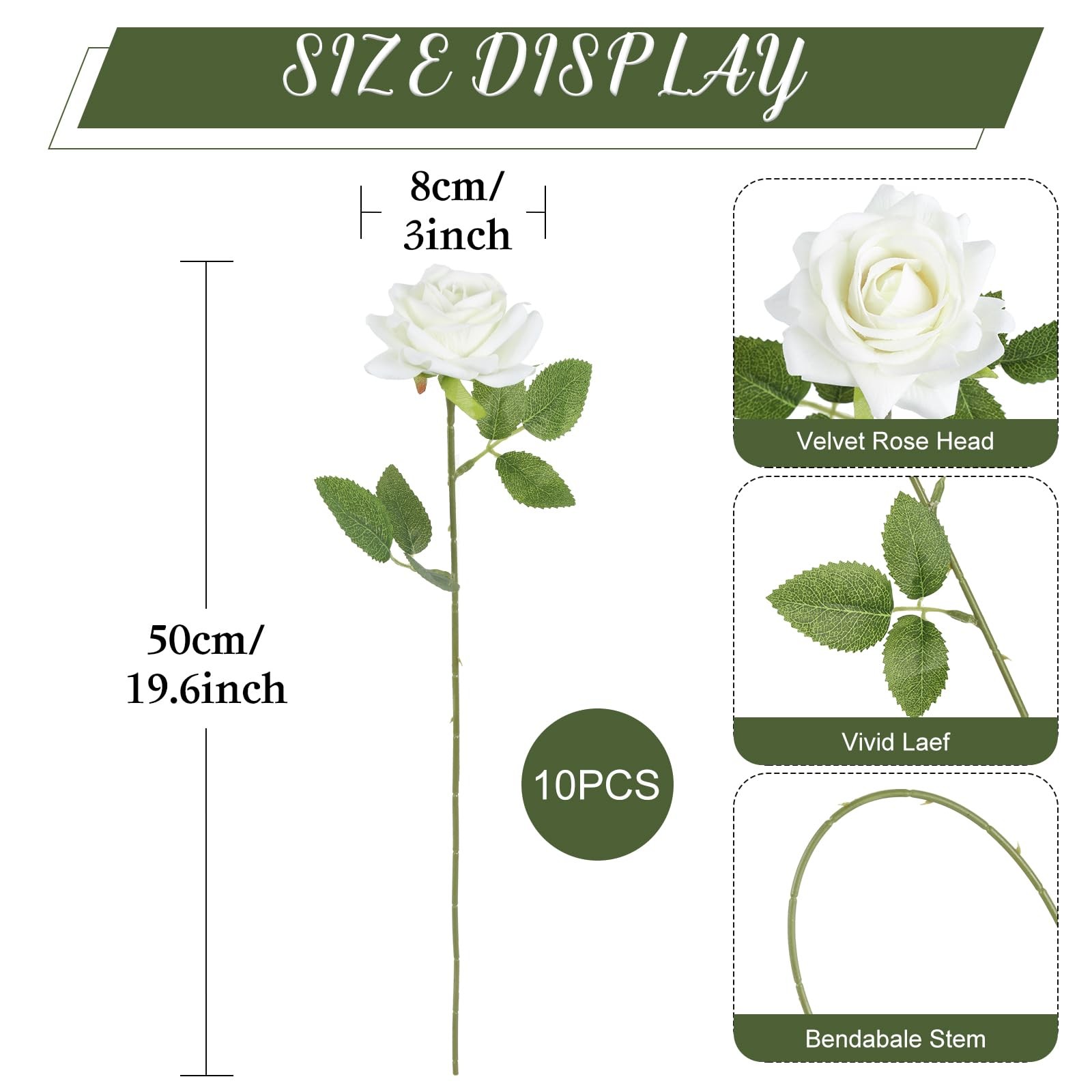 10PCS White Velvet Rose Artificial Flowers Realistic Faux Roses with Long Ste…