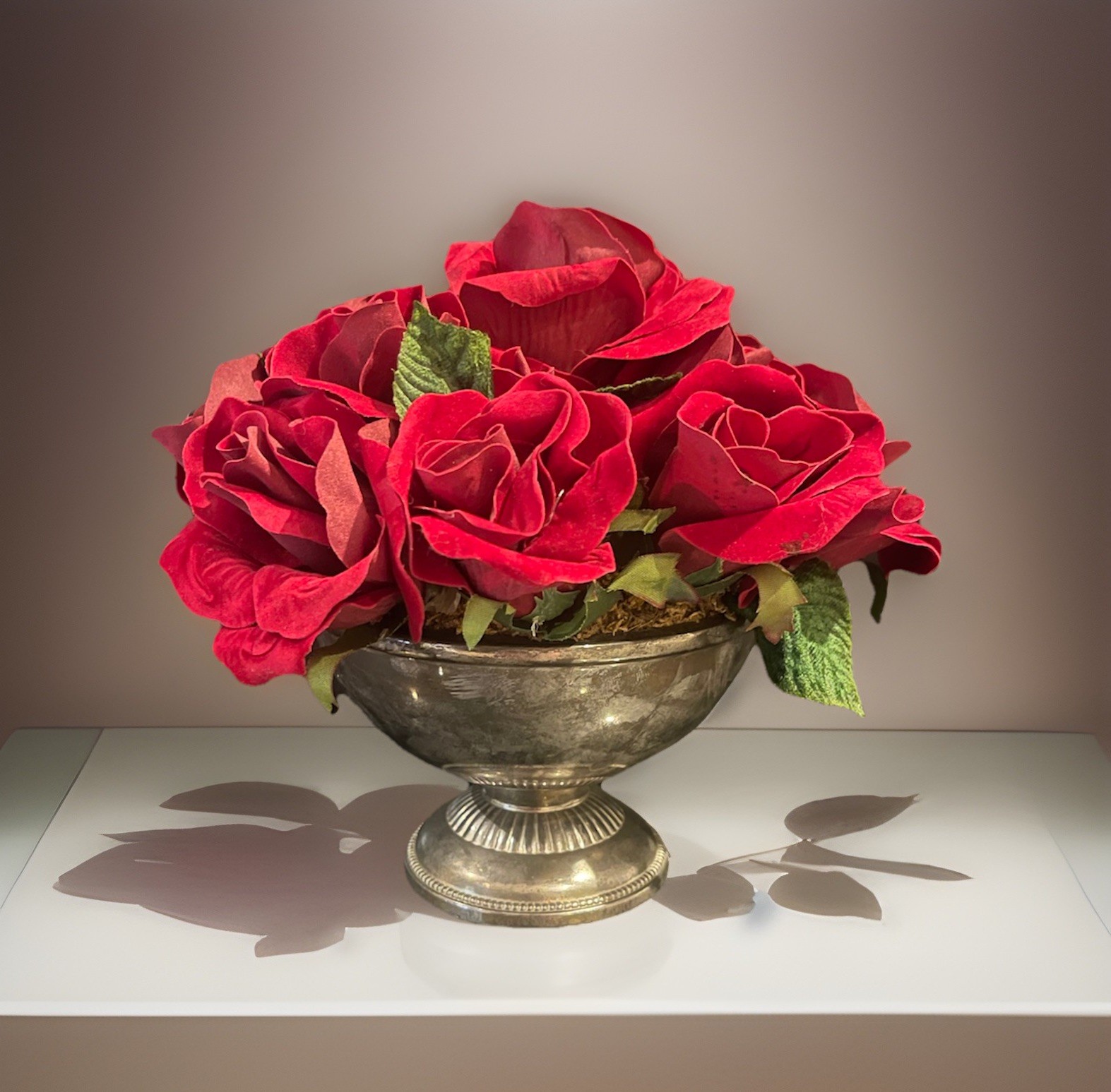 Faux Red Rose Small Arrangement In Aged Silver Pedestal Urn