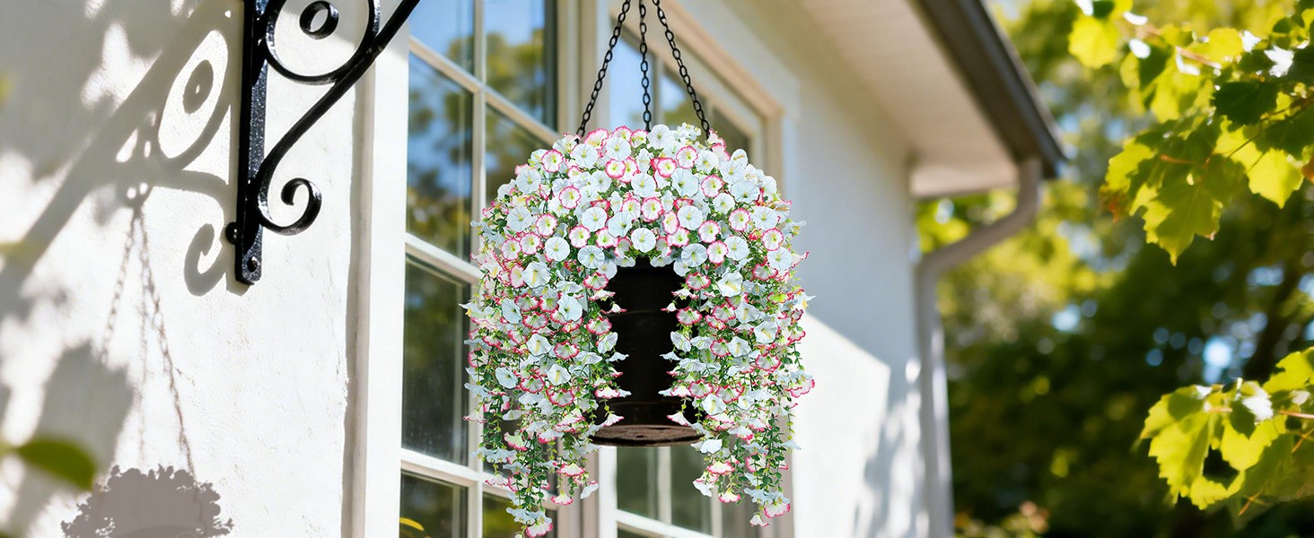Artificial Hanging Flowers for Outdoors, 2 PCS 300 Blooms UV Resistant Morning