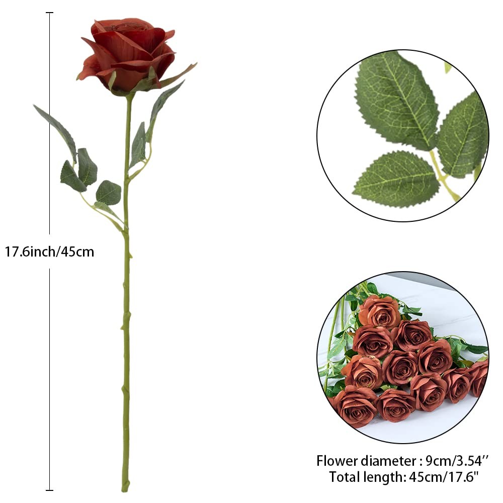 12pcs Rust Orange Rose Artificial Flowers Faux Roses Silk Roses Orange Silk F…