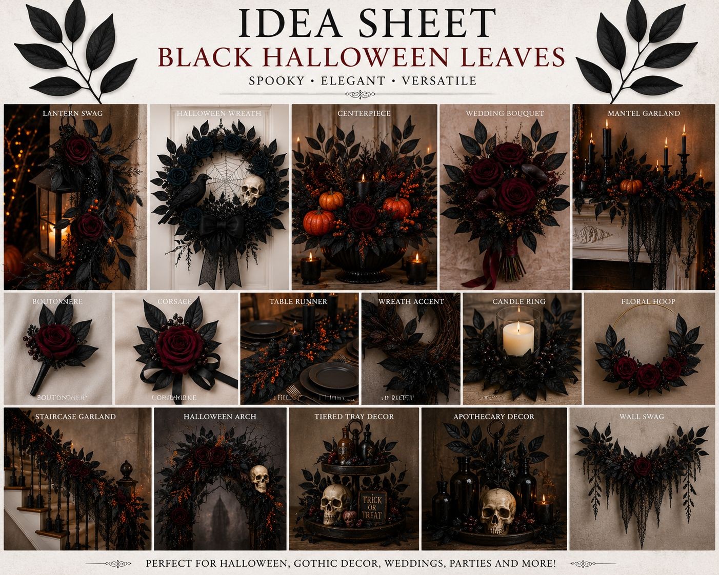 25 Black Halloween Leaf Stems Gothic Floral Filler Moody Wedding Greenery Dark D
