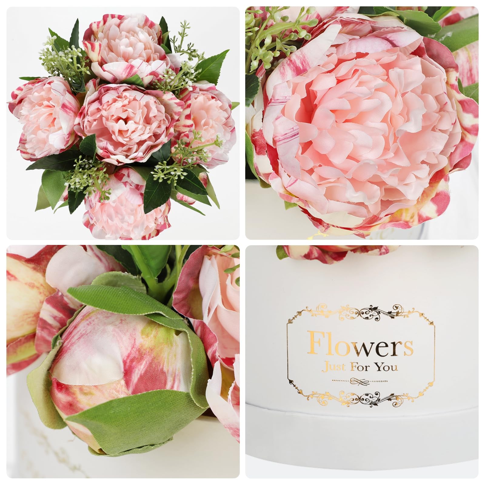 Pink Peonies Artificial Flowers in Vase Round Gift Boxes Fake Arrangements