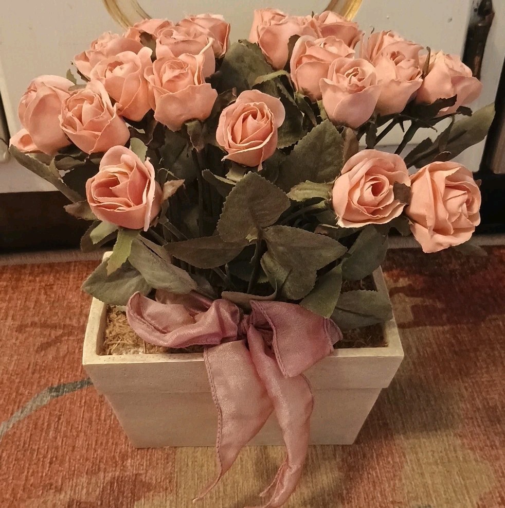 TOP DESIGNS Pink bud ROSES on stems in Resin Tan Rectangle planter FLORAL DECOR