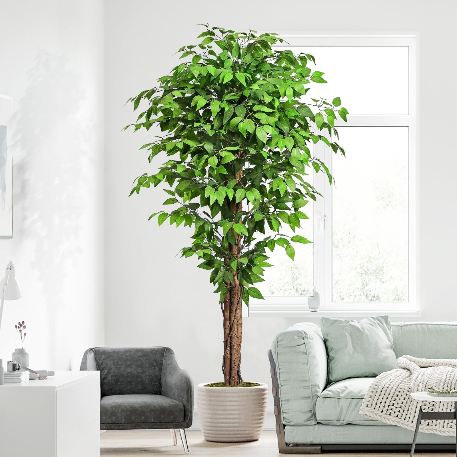 6.2ft Ficus Artificial Trees with 3 Natural Curved Trunks, 74″ Tall Lush Faux…