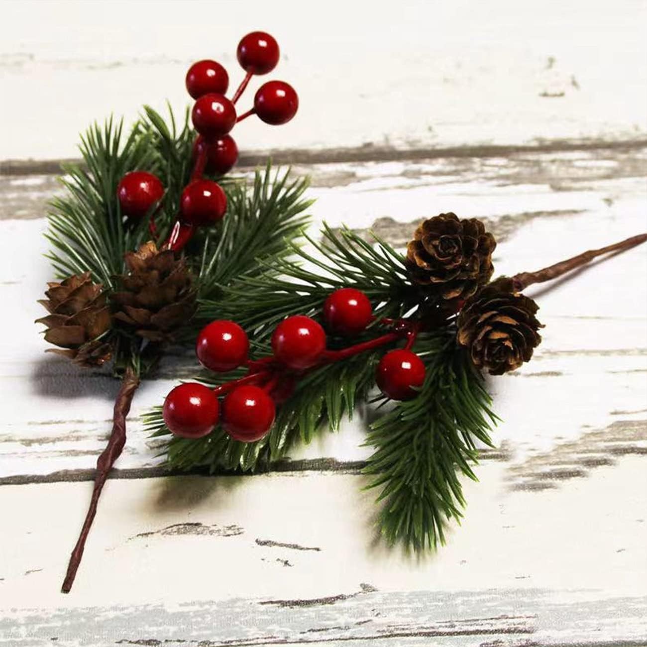 Pine Cone Red Berry Picks Stems Crafts Branch Christmas Wreath – 10Packs, Hol…