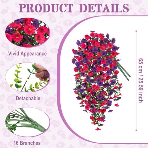Artificial Hanging Flowers for Outdoor, 2pcs Fake Plants Hot Pink Dark Purple