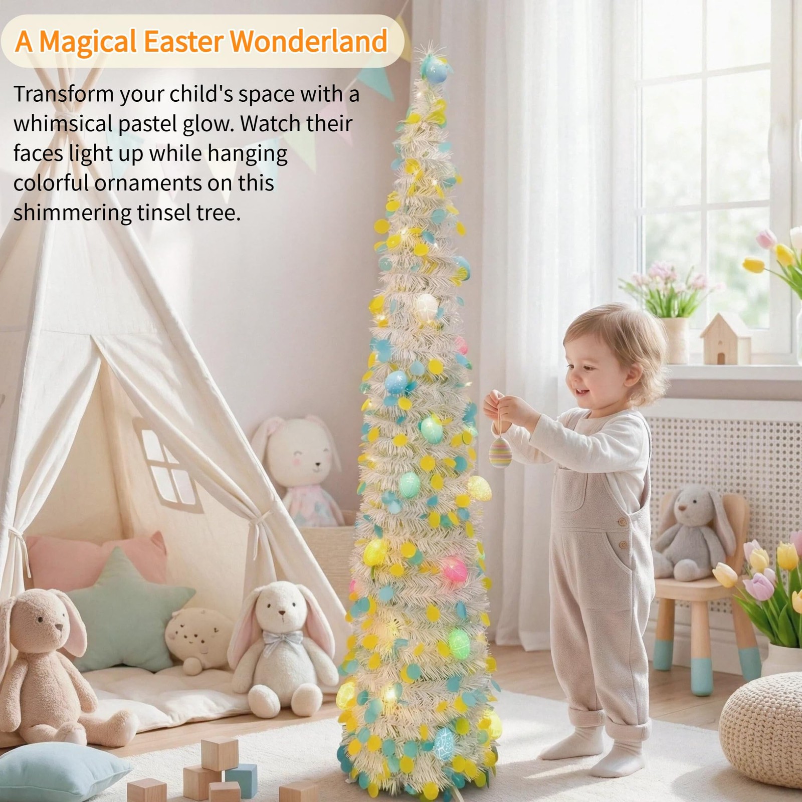 5Ft Lighted Easter Egg Tree 40 LED Colored Lights 20 Eggs Pop Up Tinsel
