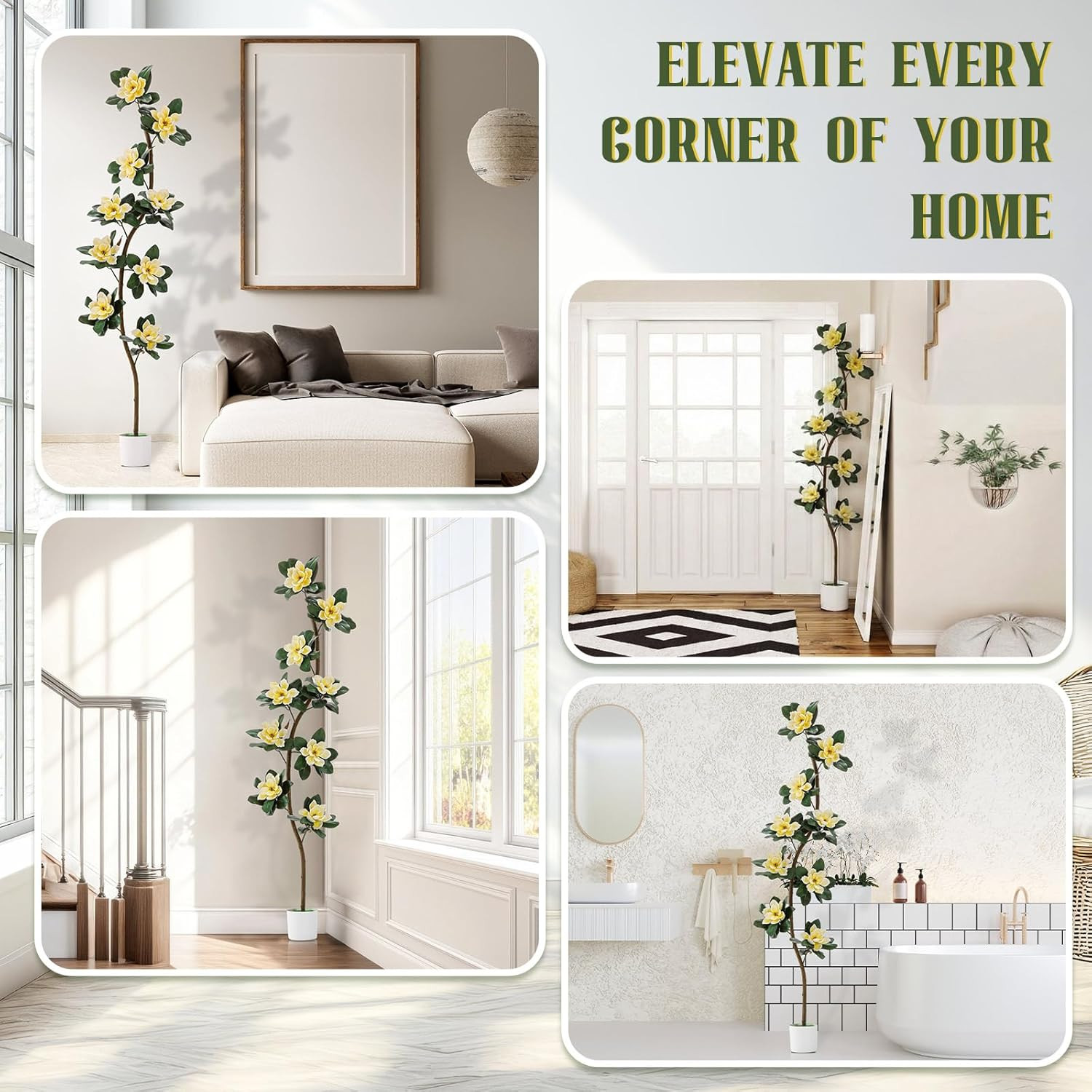 7 Ft Faux Rubber Tree with Magnolia Flowers for Indoor Decor