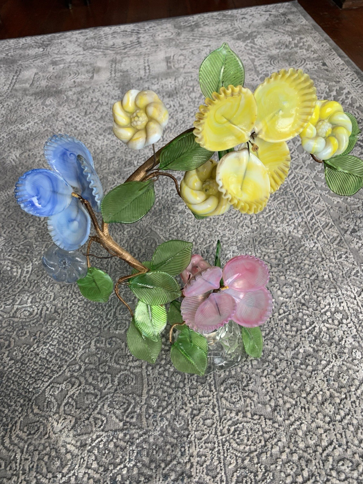 Vintage Art Glass Wired Blue Yellow Green Floral Bouquet Adjustable RARE