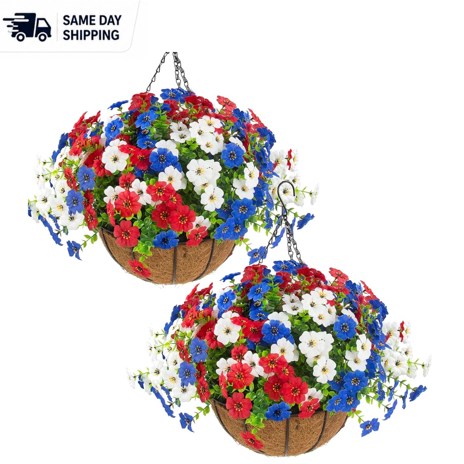 Charming Hanging Planters with 24 Patriotic Flowers for Indoor and Outdoor Decor