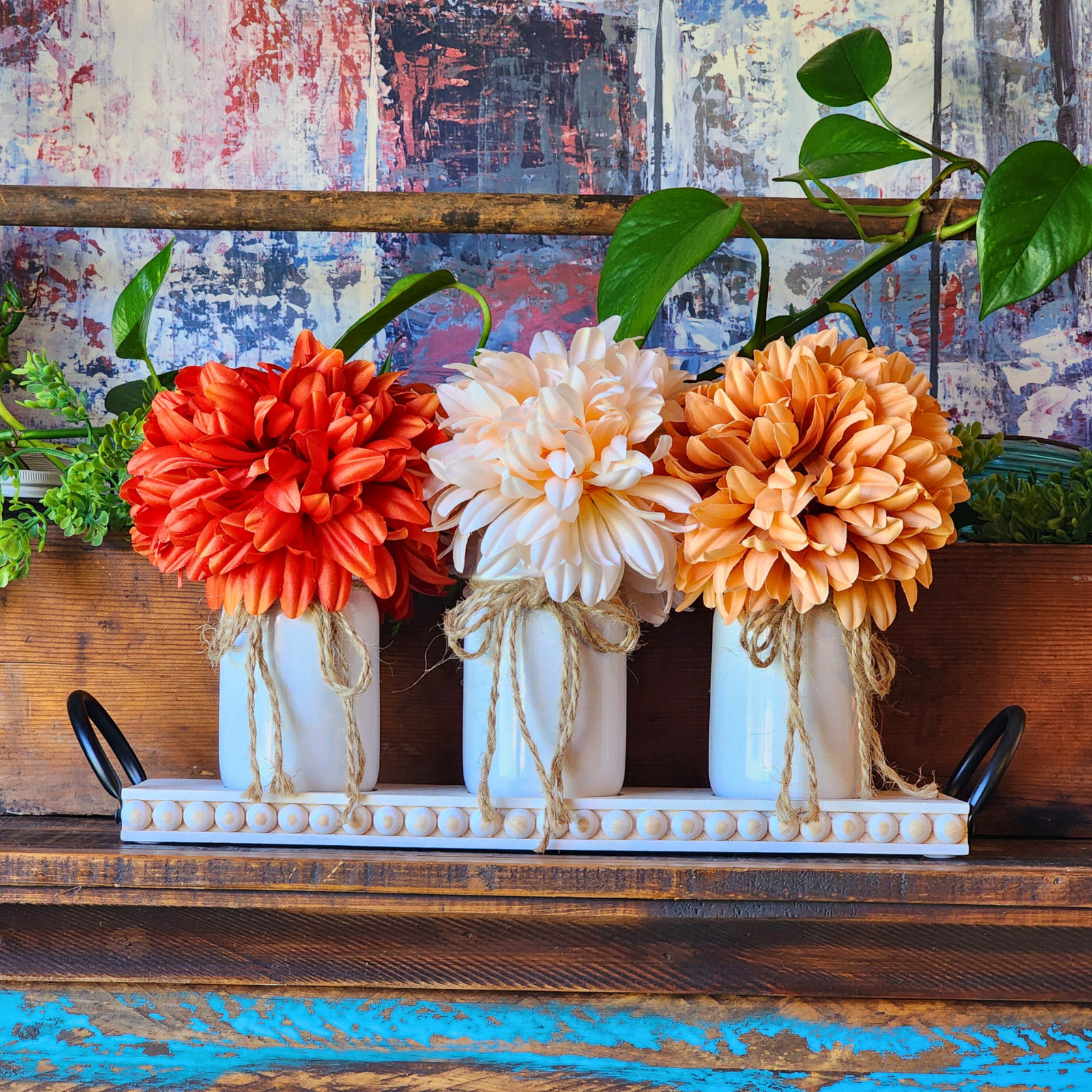 Fall Dahlia Floral Centerpiece – Vase Trio on Wood Tray – Farmhouse Table Decor