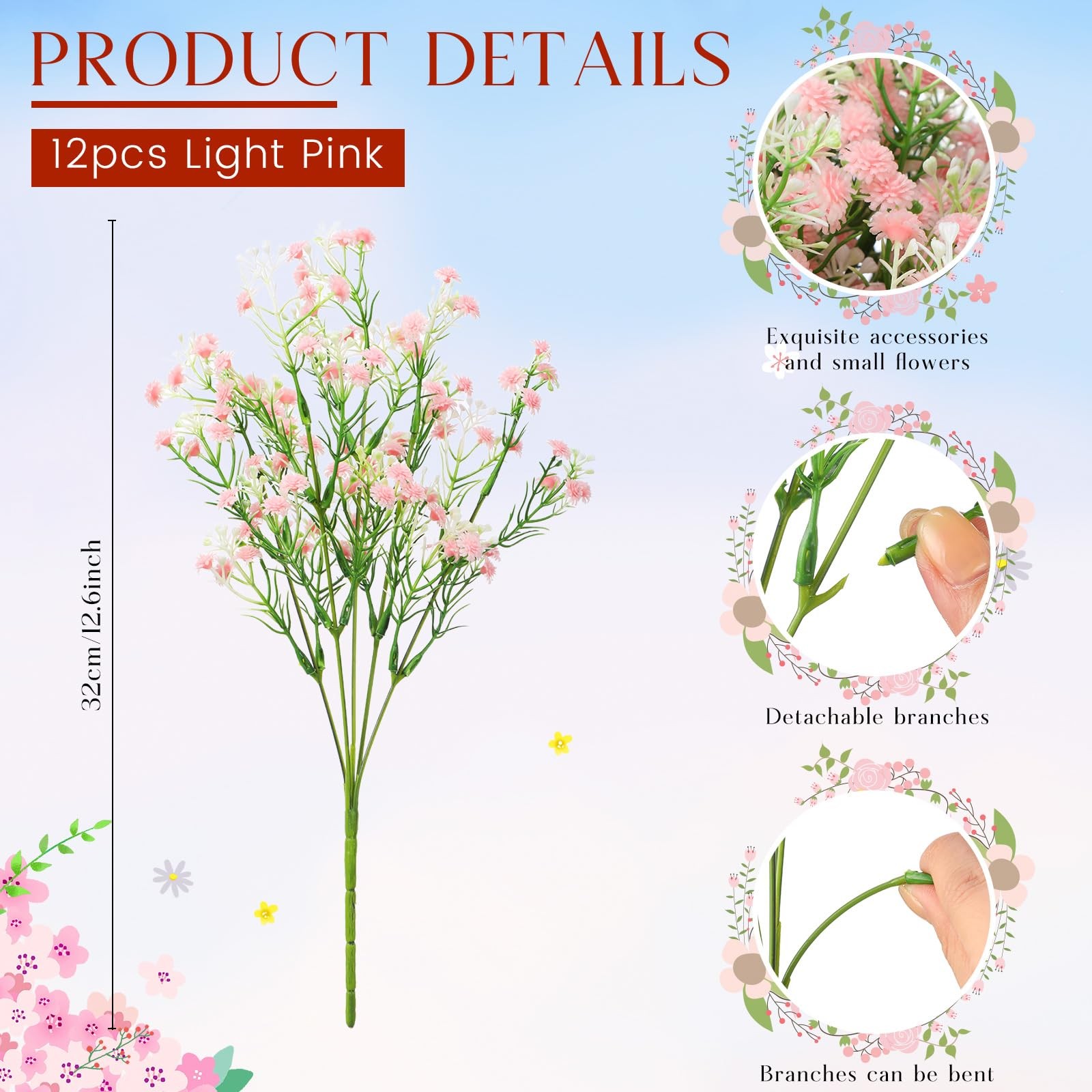 12 Pcs Light Pink Spring Babys Breath Artificial Flowers Bulk Faux Gypsophila