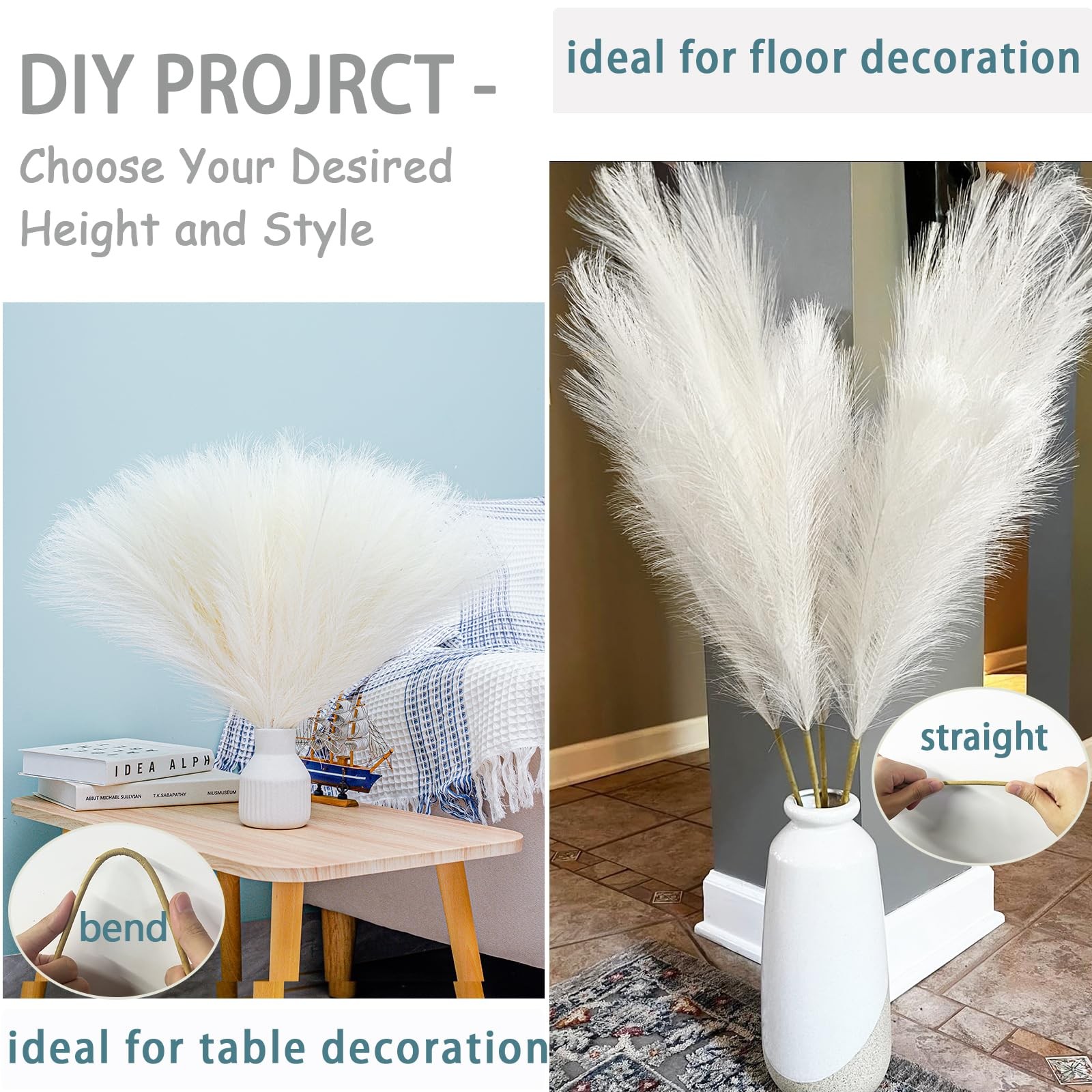 38″ 10 Stems White Pampas Grass Tall Decor – Faux Pampas Grass Decor Tall for…