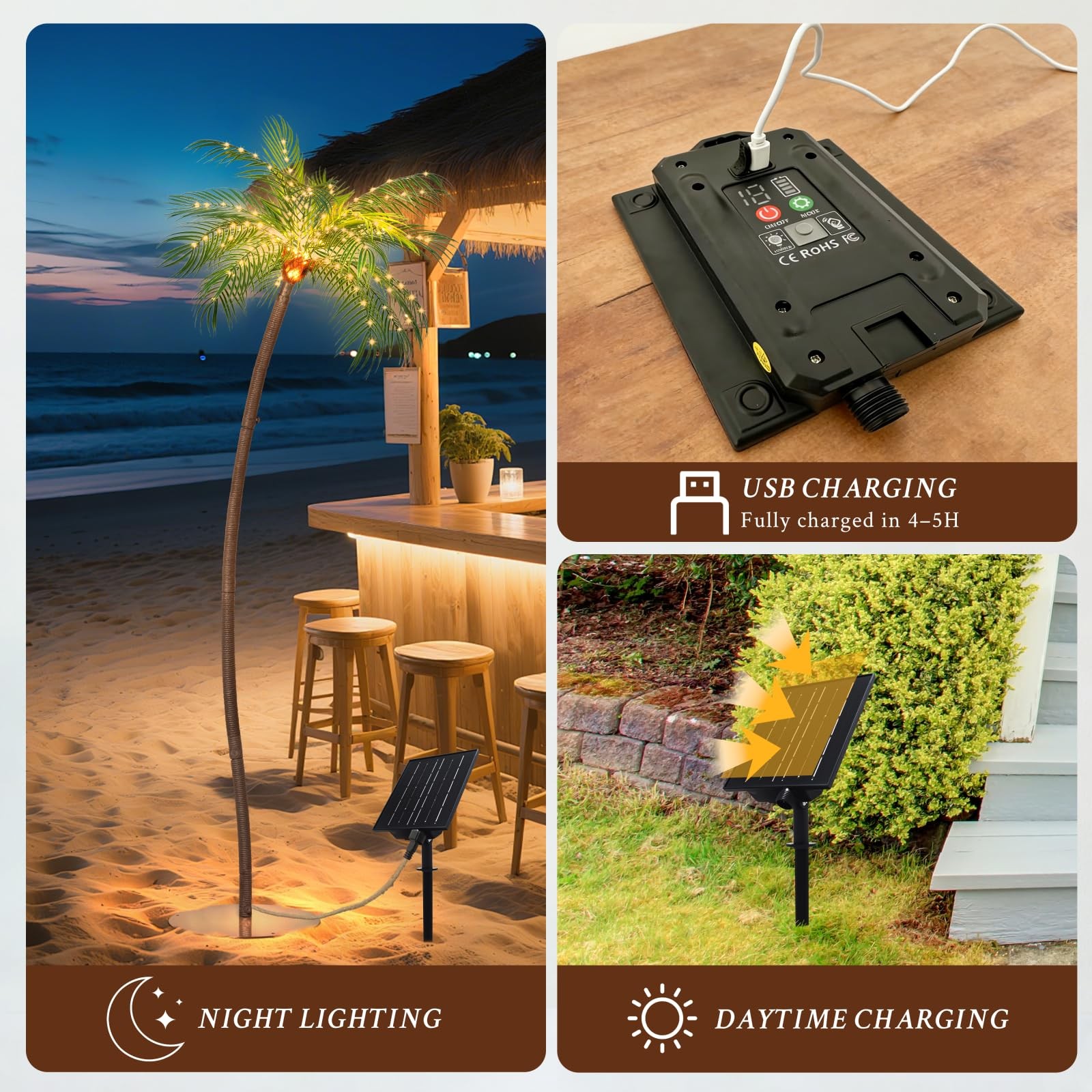 Solar-Powered Artificial Palm Tree 5.9FT with 200 LEDs, Artificial Tree Recha…