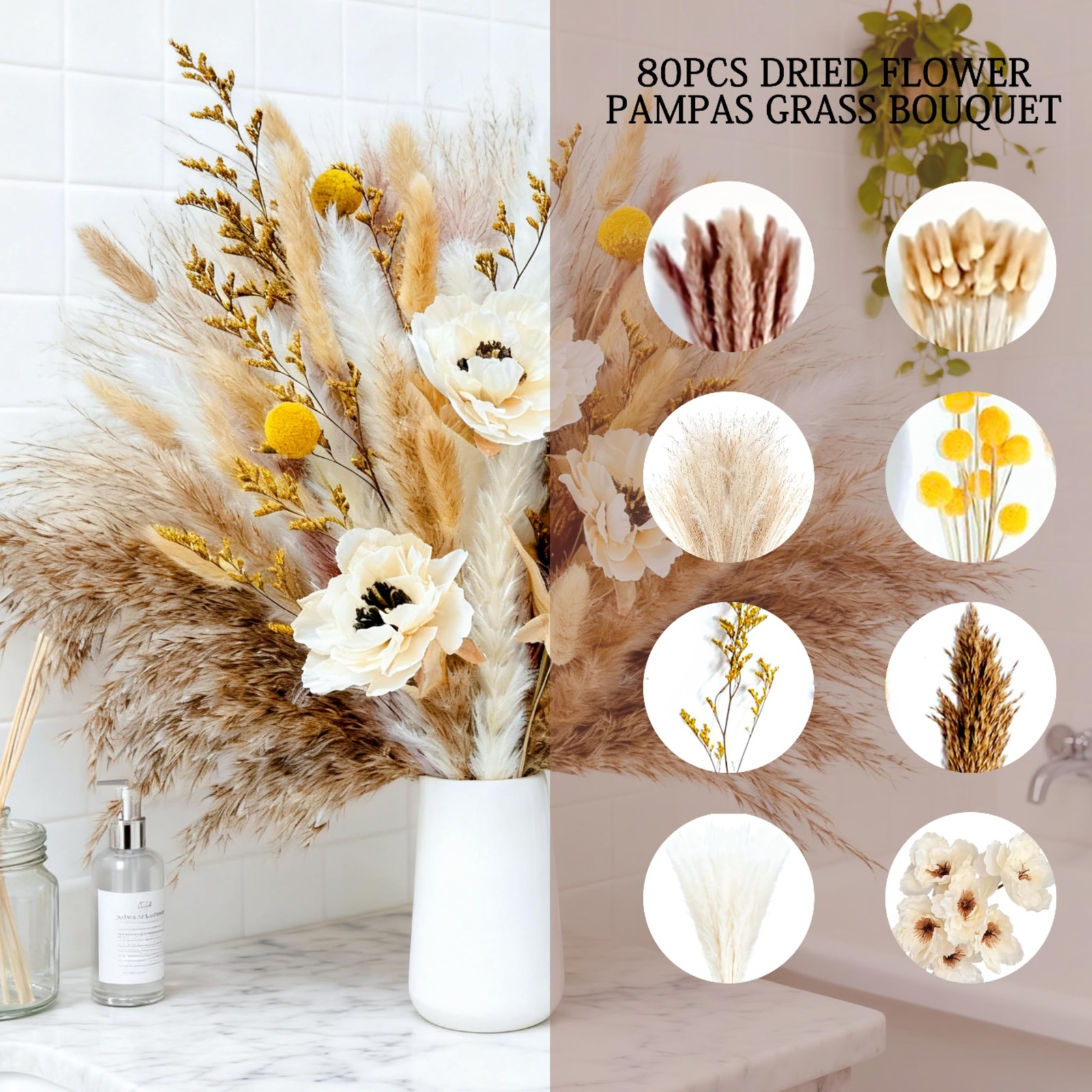 Boho Pampas Grass for Vase Filler Fluffy Natural Dried Flowers Arrangements w…