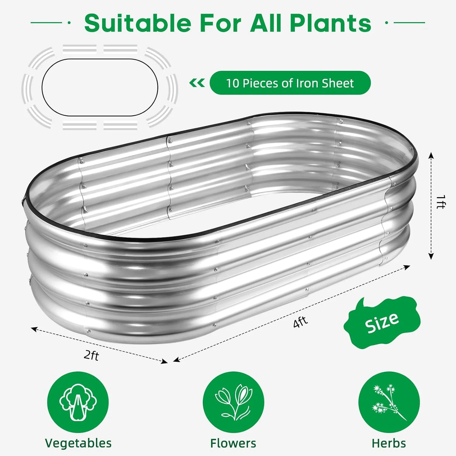 Galvanized Raised Garden Bed 4x2x1ft Planter Box Metal Outdoor Vegetable Flower