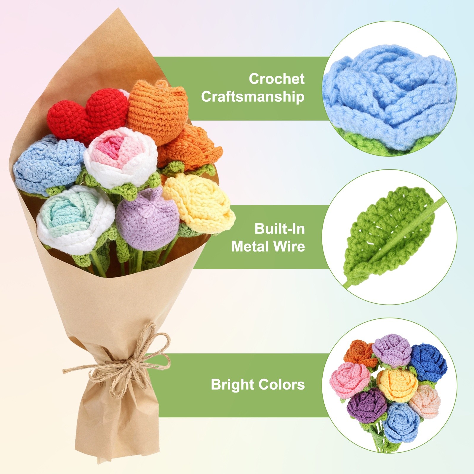 6Pcs Crochet Flower, Rose Handmade Knitted Bouquet, Light Blue