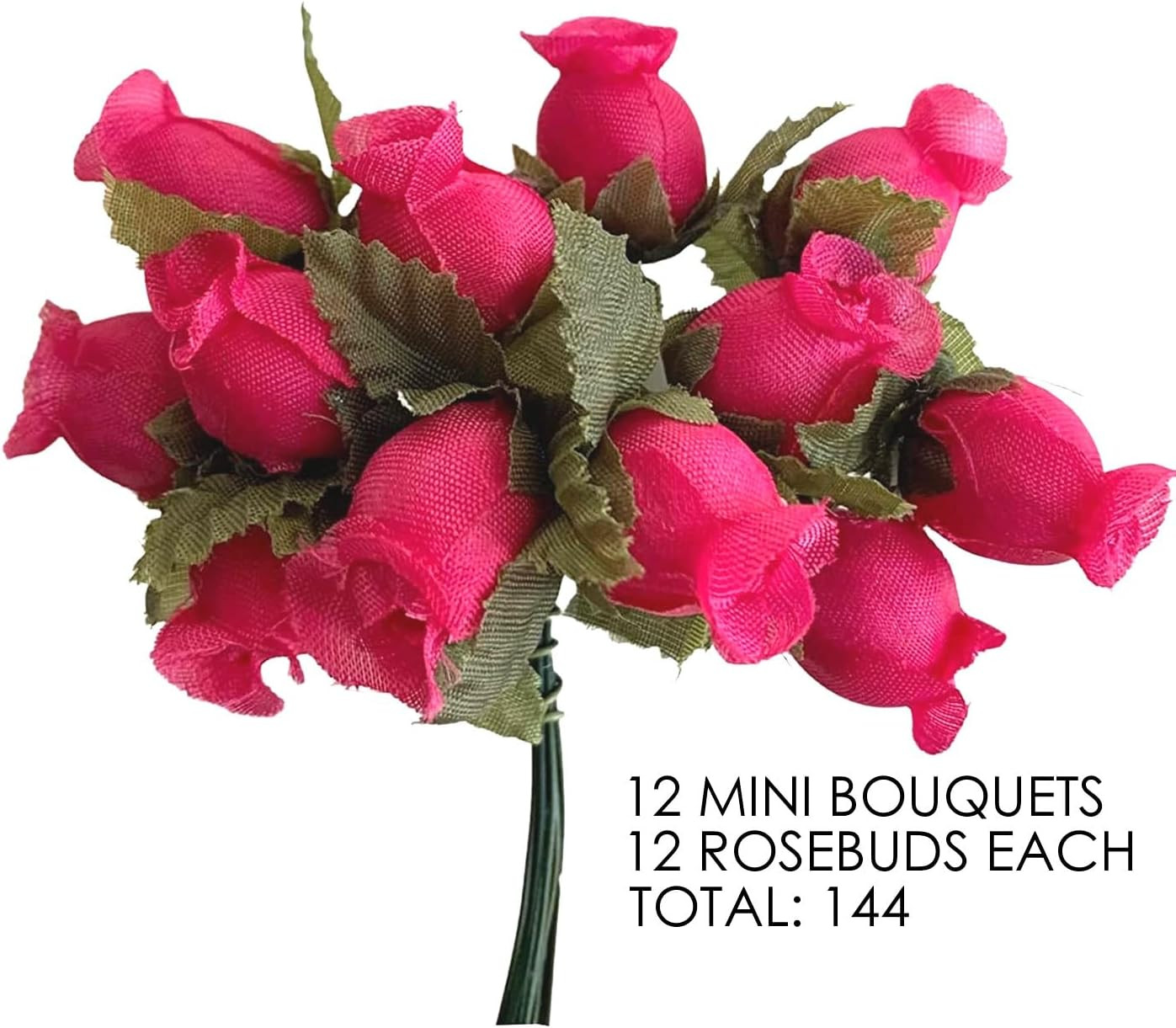 Hot Pink Artificial Silk Flower Roses – 12 Mini Bouquets of 12 Rosebuds, 144 Fuc
