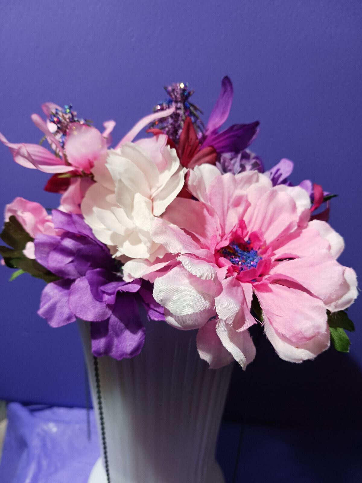 Artificial Flower Arrangement Vintage White Milk Glass Vase W/blue Chain