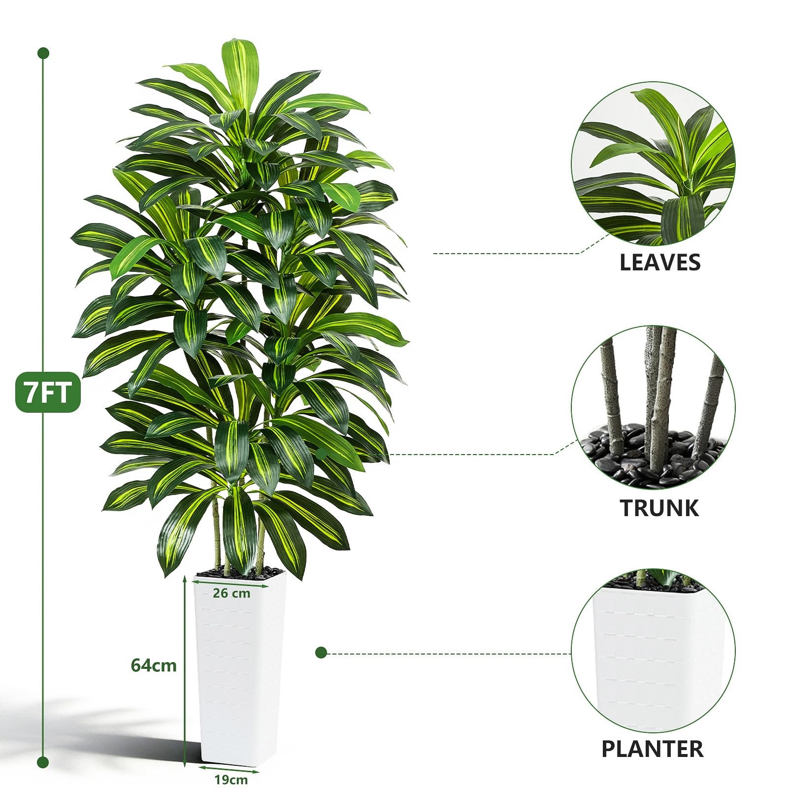Artificial Dracaena Tree – 7FT Tall Fake Plants with White Tall Planter – Art…