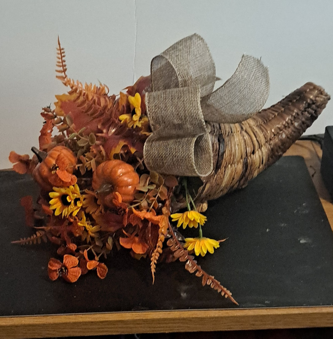 Artificial Fall Cornucopia Centerpiece w/ Pumpkins Sunflowers Burlap Bow