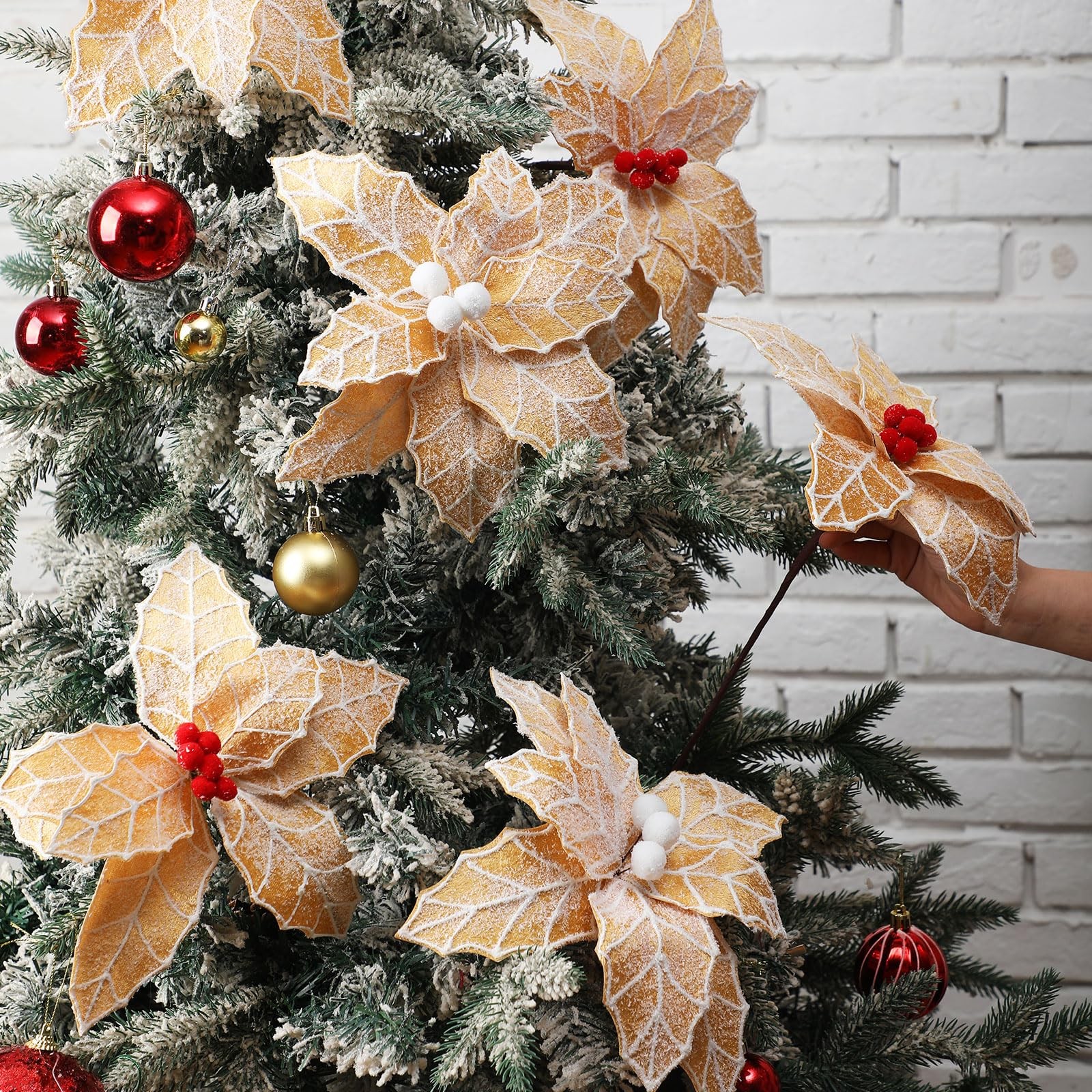 6 PCS 10.6 Inch Large Christmas Gingerbread Poinsettia Flowers Tree Picks Gold