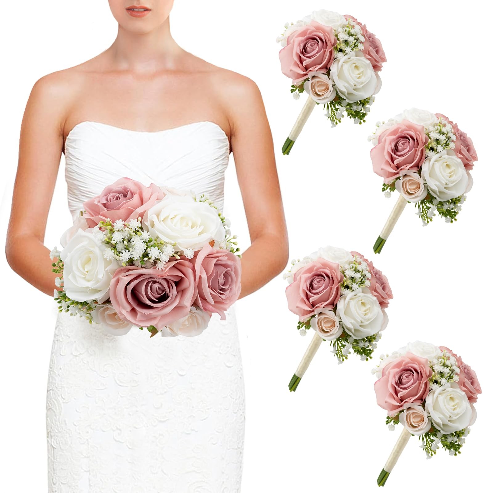 DIYDOFUN Wedding Bridesmaid Bouquets Set of 4, Artificial Silk Flowers Arrang…
