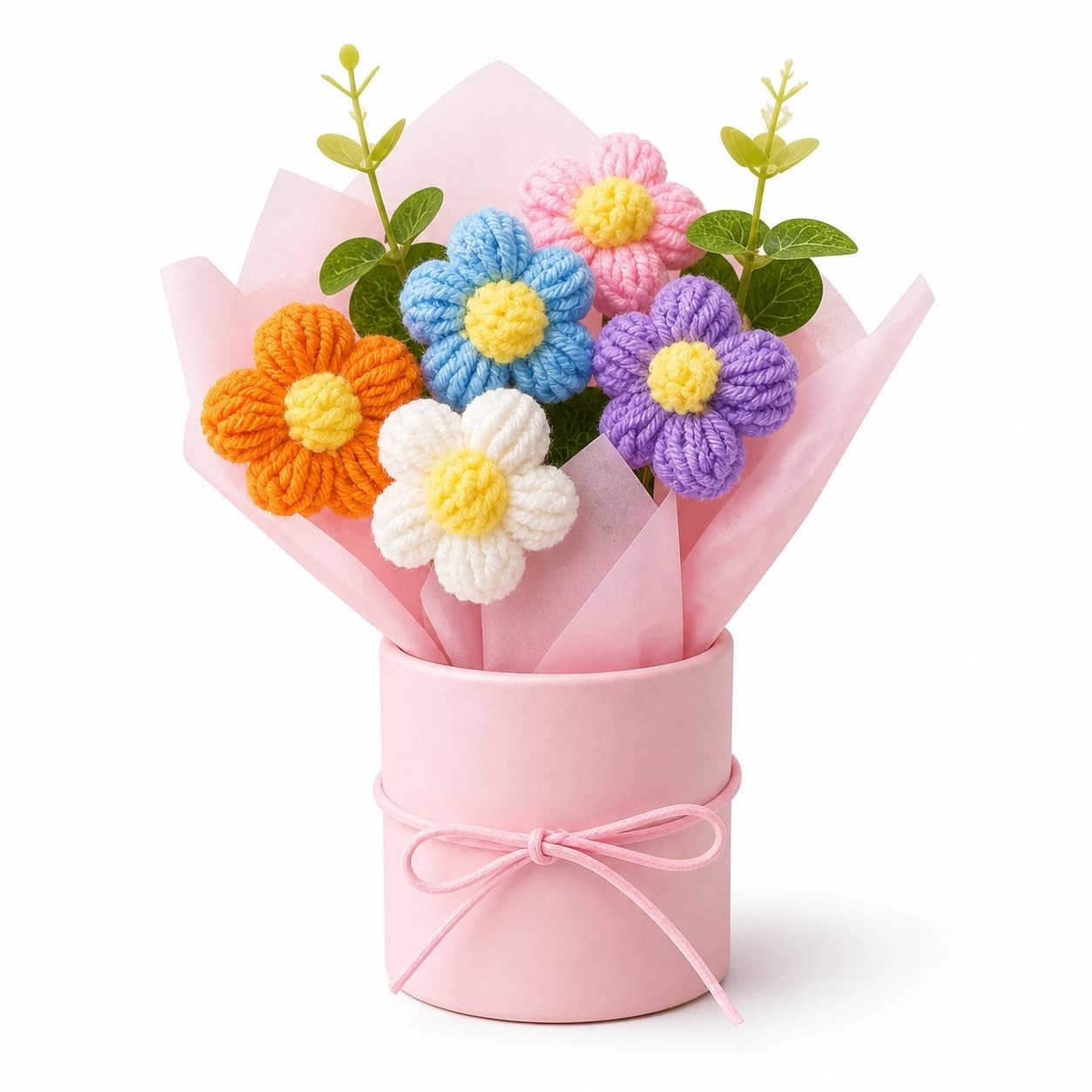 Colorful Handmade Mini Flower Bouquet Gift – Crochet Artificial Flowers in Pot