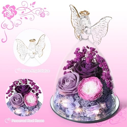 Christmas Rose Gifts for Women Preserved Real Flower in Glass Colorful Purple