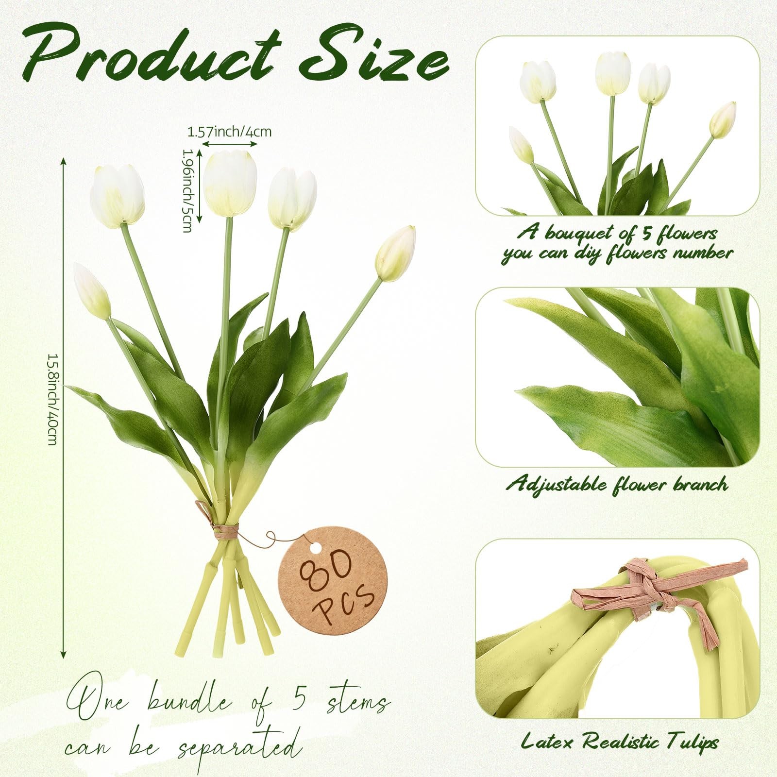 80 Heads White Artificial Tulips Flowers, Fake Tulip 15.8″ Realistic Soft Lat…