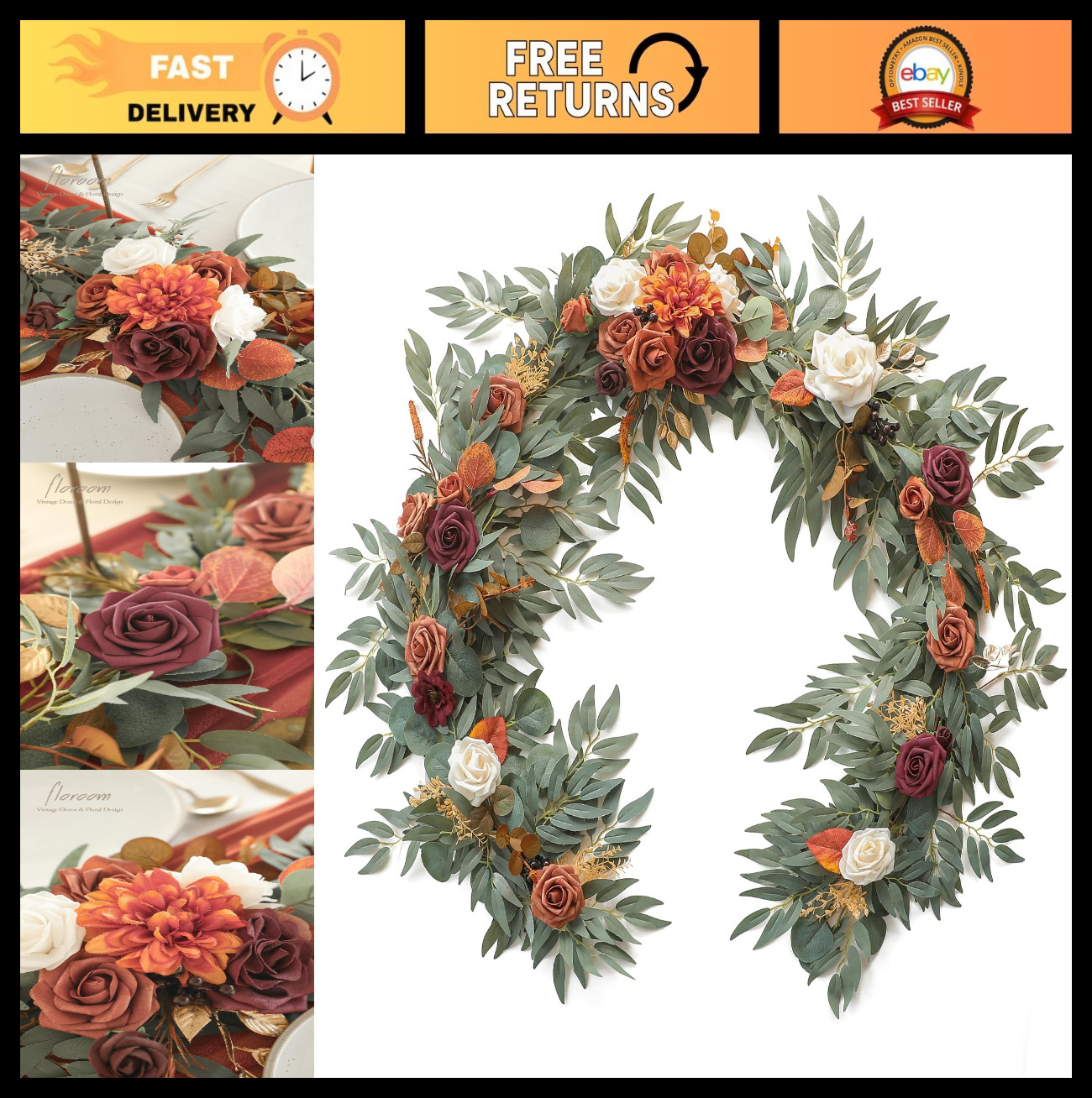 6ft Eucalyptus Garland with Flowers – Faux Greenery Vine for Wedding Decor, Tabl