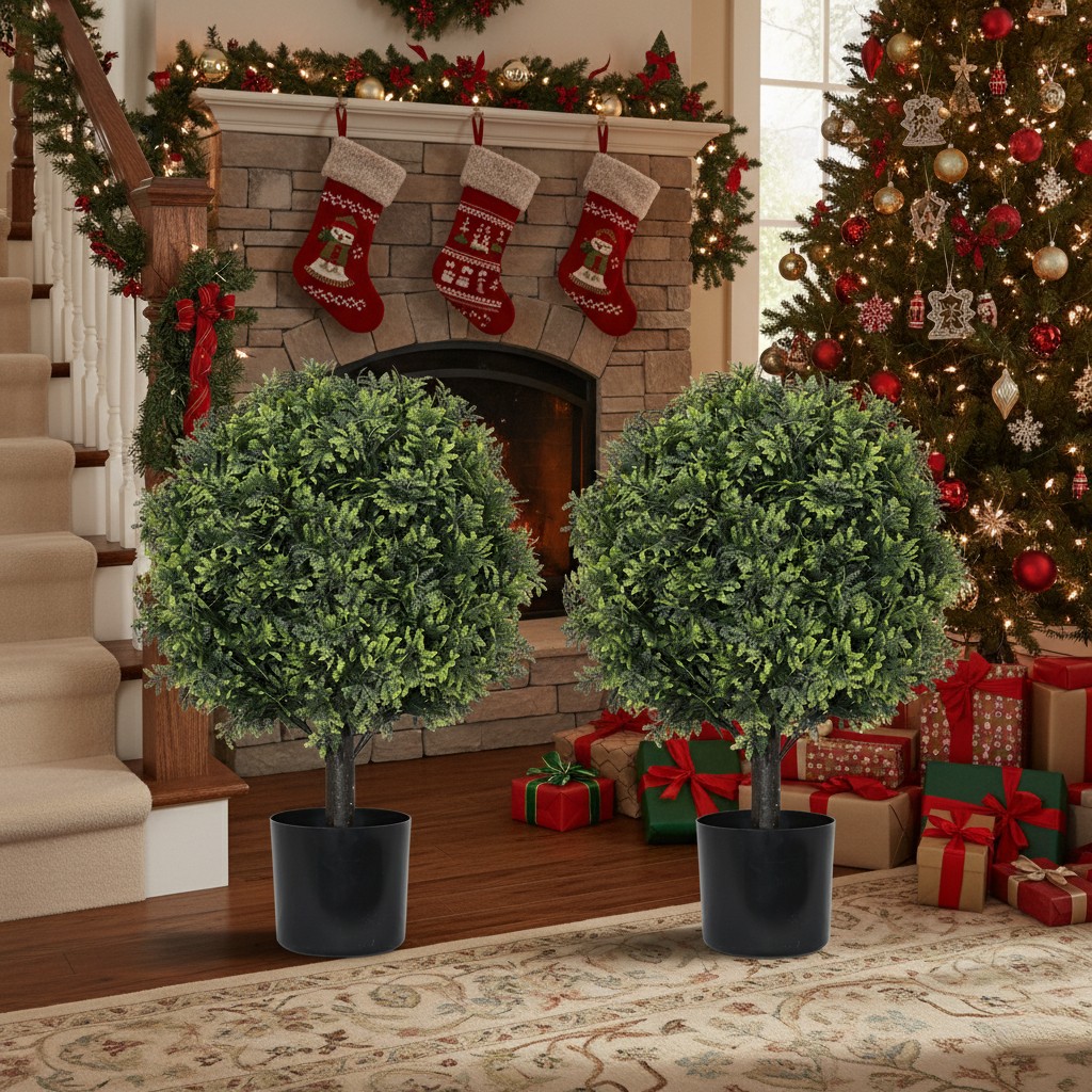 2PCS 22in Artificial Boxwood Topiary Ball Trees, Potted Indoor Outdoor Decor
