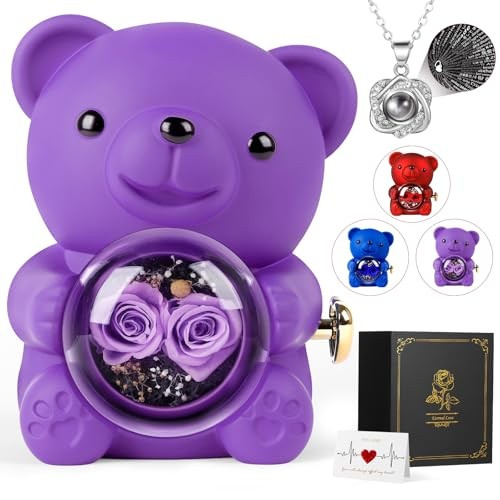 Romantic Rose Bear Teddy with Preserved Rose, Rose Bear Gift Box Set Purple