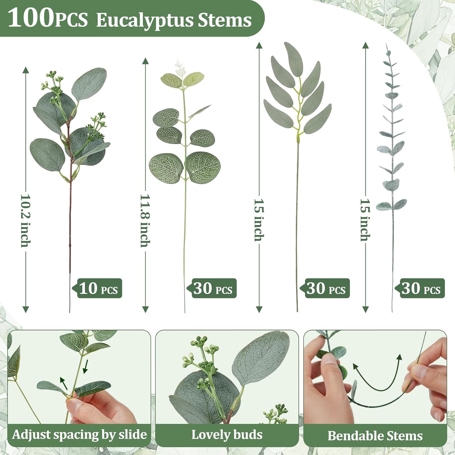 100Pcs Artificial Greenery Stems, Faux Eucalyptus Stems Bulk with Fake Leaves, M