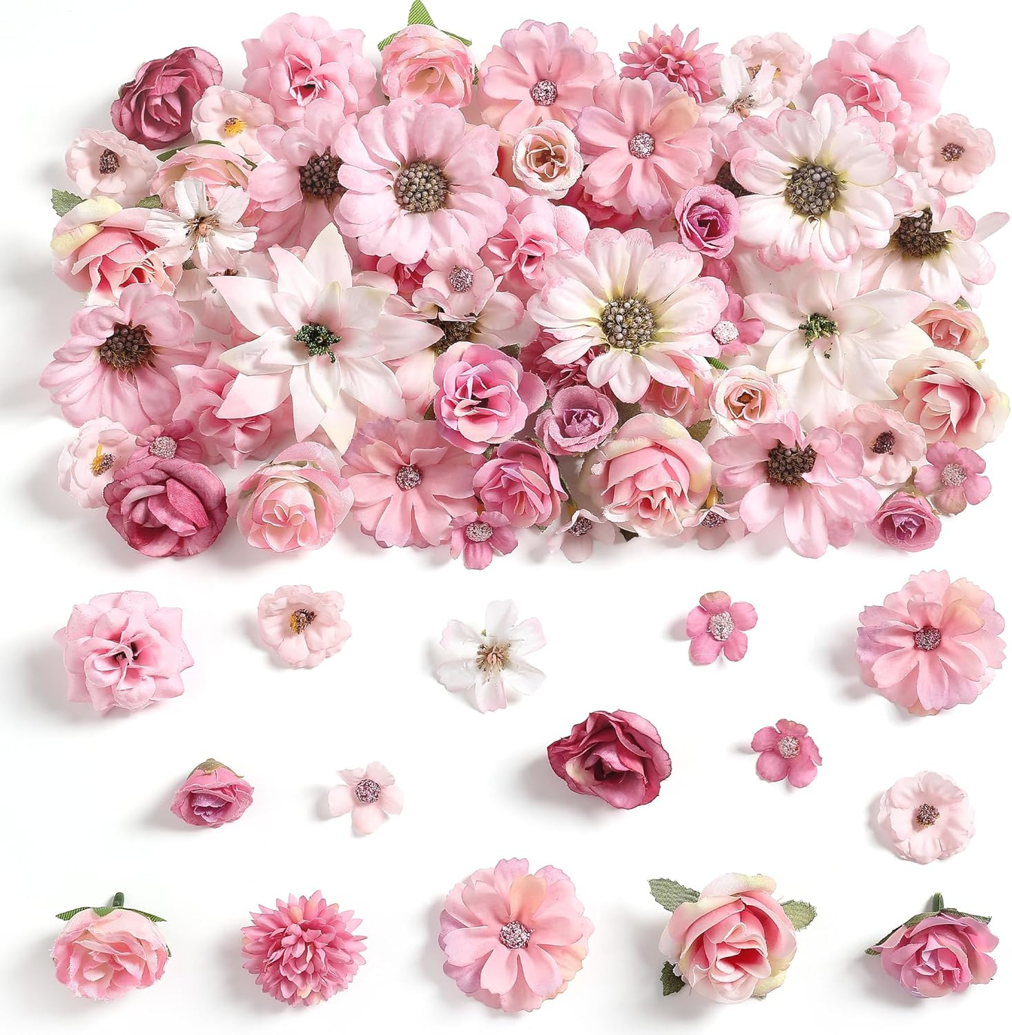 Mini Artificial Flowers for Crafts, 90 Pcs Rose Pink Silk Fake Flowers Assorted