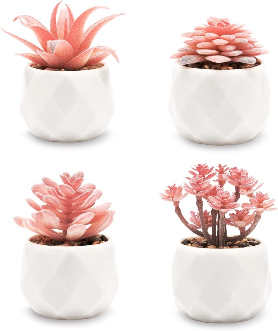 Set of 4 Rose Pink Mini Faux Succulents in White Ceramic Pots for Home Decor