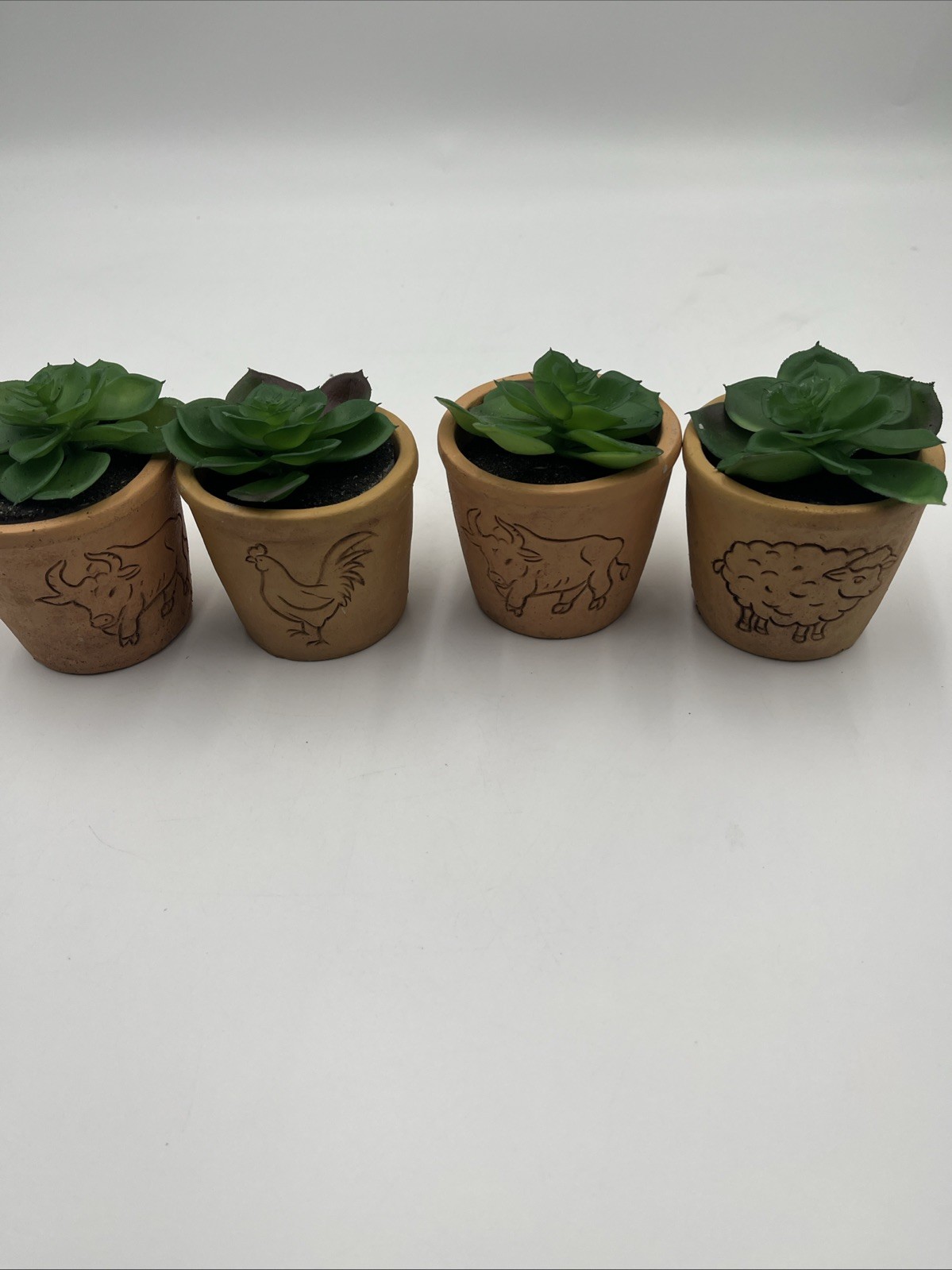 Cute Farm style Tan Clay Potted Fake Flower 4 Pc