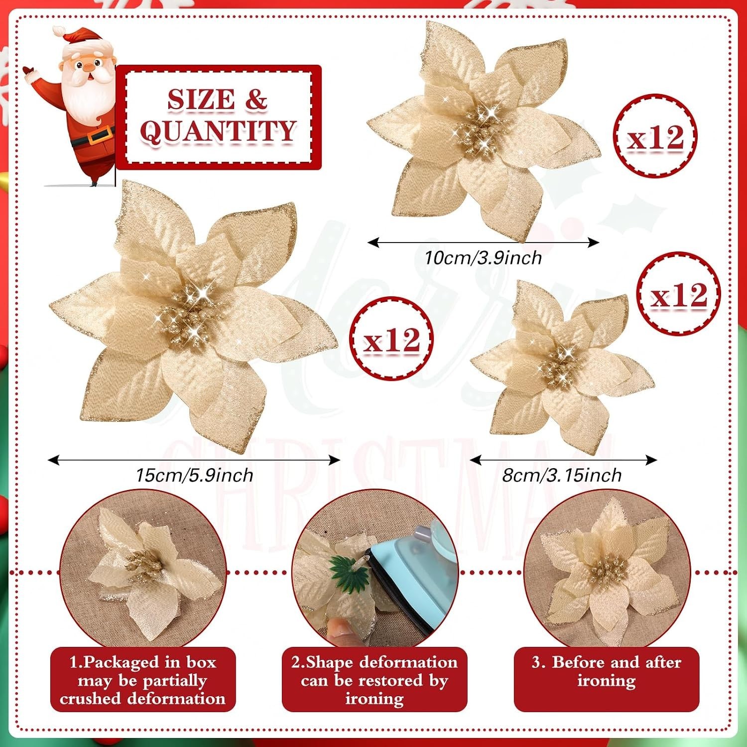 36 Pcs 3 Size Christmas Poinsettia Christmas Tree Flowers Glitter Faux Flower…