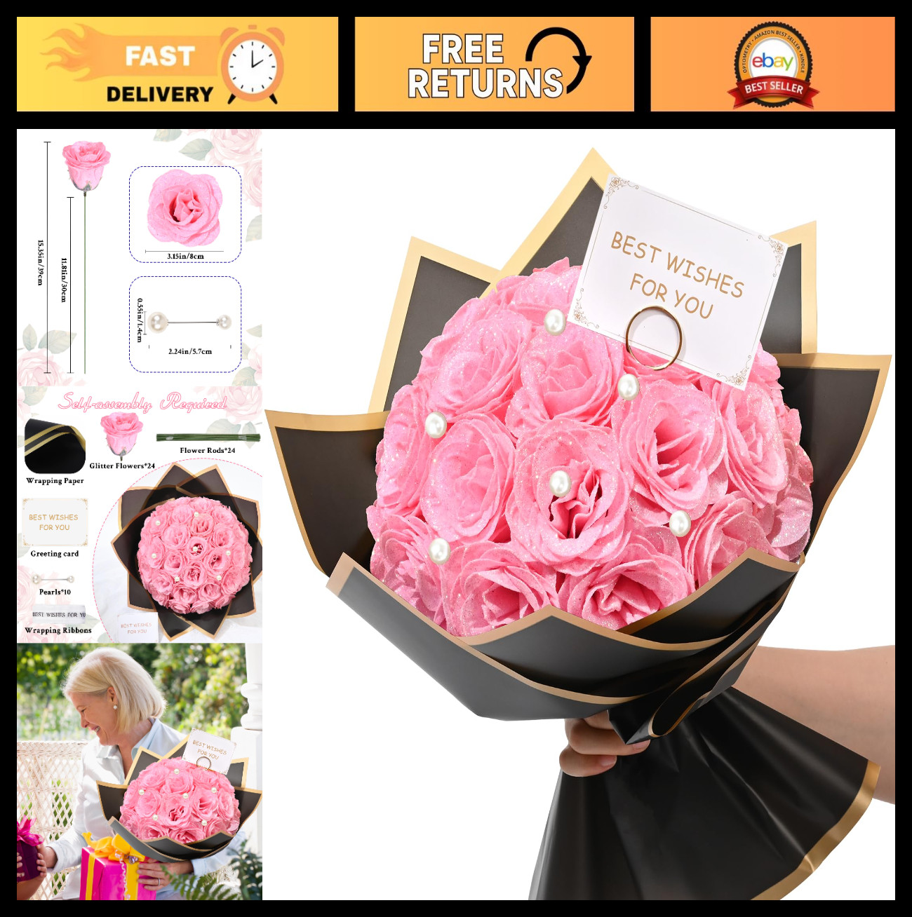 Pink Glitter Roses Bouquet – 24 Artificial Flowers for Wedding, Engagement, Vale