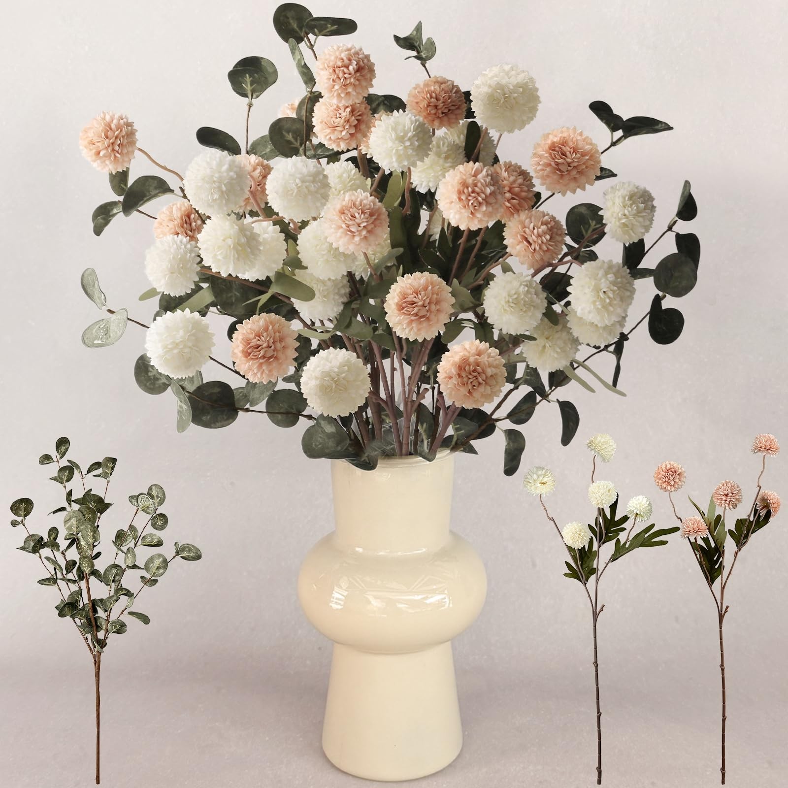7pcs Beige Ivory Faux Silk Mums + Eucalyptus Artificial Flowers for Vase 20″,…