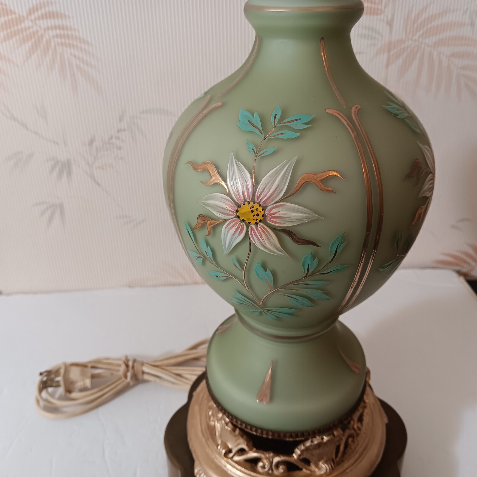 Gorgeous Hollywood Regency Hand Painted Floral Satin Glass Table Lamp