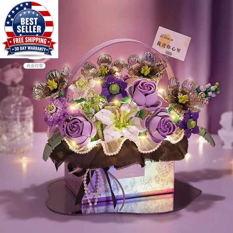 Creative Pink Rose Basket Bouquet Building Blocks Portable Flower Bouquet Gift B