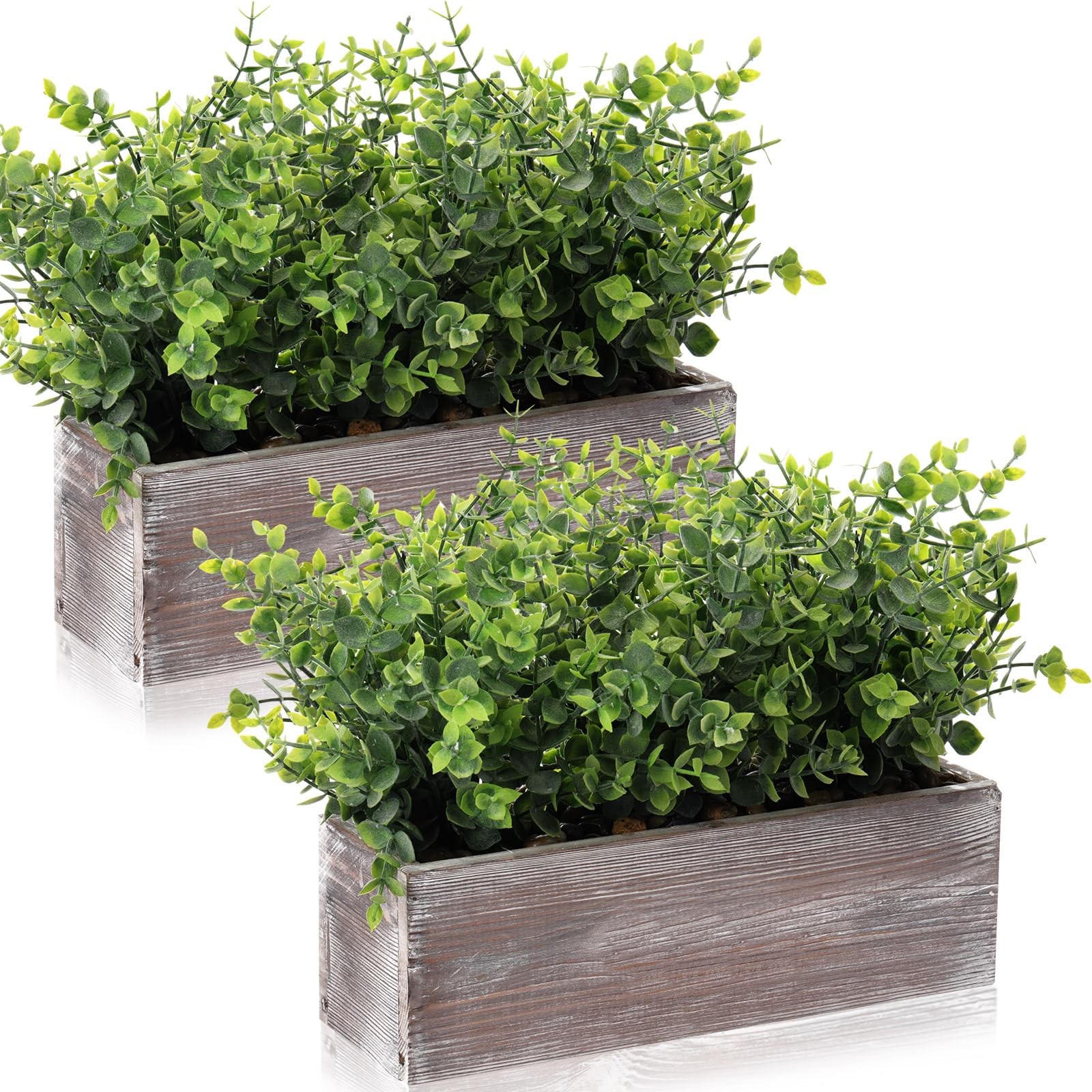 2 Pack Artificial Eucalyptus Plant in Rustic Rectangular Wooden Planter Box G…