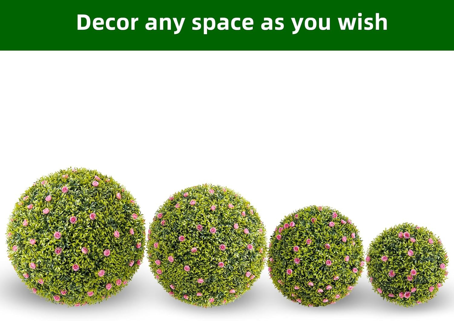 22.4″ Faux Boxwood Topiary Balls with Pink Flowers – 2 Pack for Home & Garden