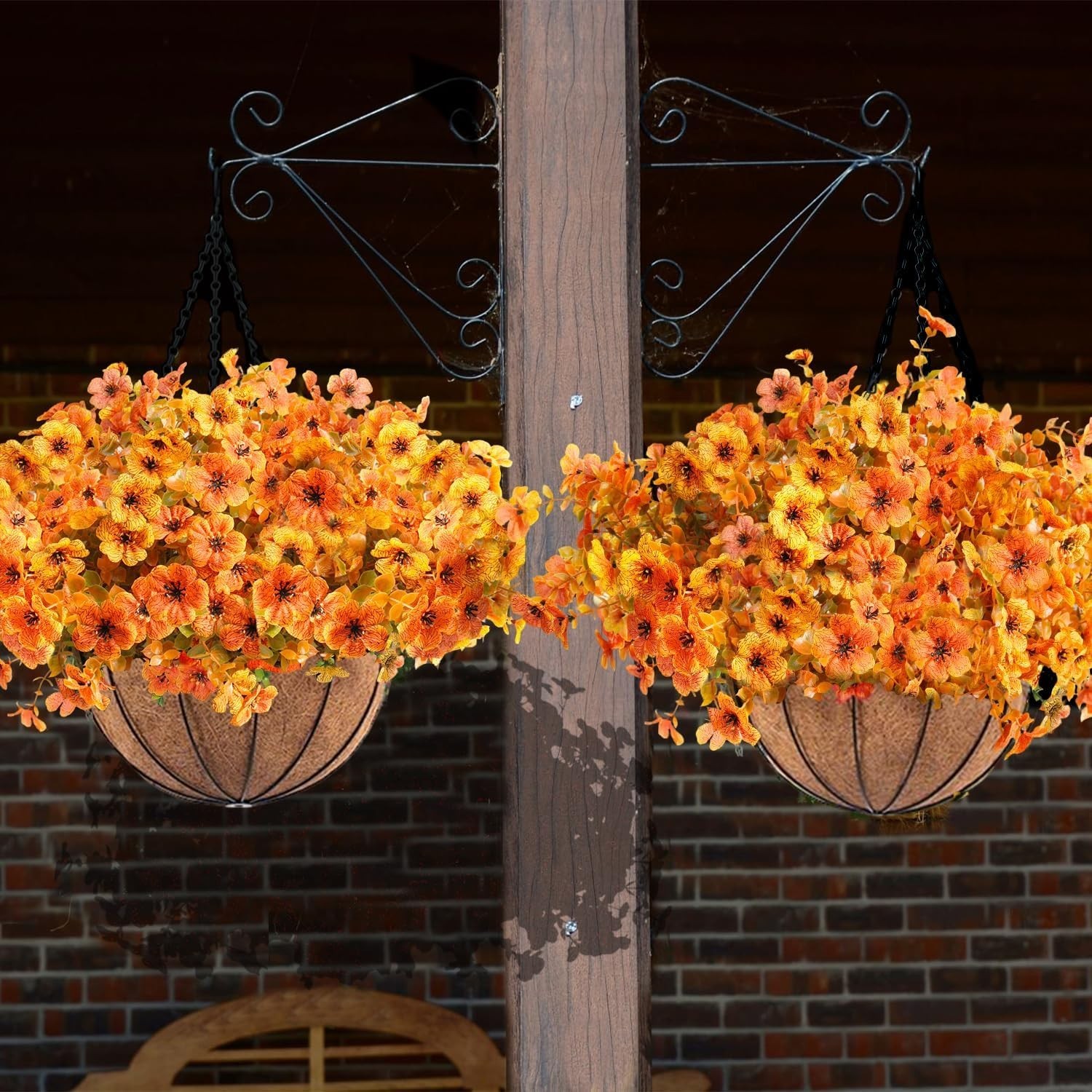 2pcs UV Resistant Artificial Fall Mums Hanging Basket for Vibrant Outdoor Decor