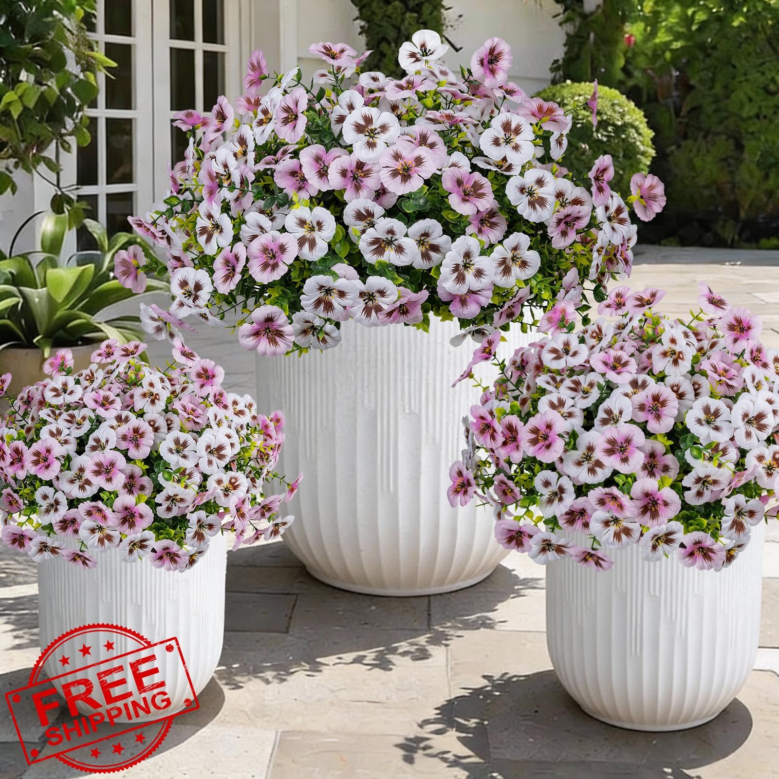 StyleNest 12 Pc Faux Pansies Flowers White Light Pink UV Resistant Outdoor